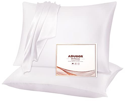 Adubor 100% Seidenkissenbezug 40x80cm für Haar und Haut, mit verstecktem Reißverschluss, beide Seiten, 23 Momme Seide, Fadenzahl 900 (reines Weiß, 2 Stück)