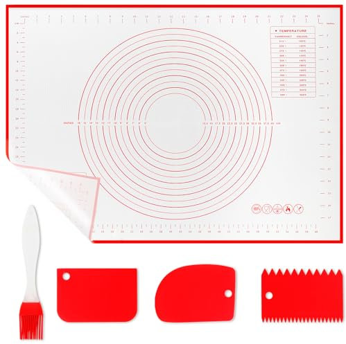 WECUTE Spianatoia Per Impastare Silicone, 70 x 50cm Tappetino Silicone per Impastare Antiscivolo, Spianatoia Silicone per Pasta, Pizza, Pasticcino (3 Raschietti+ 1 Spazzola)
