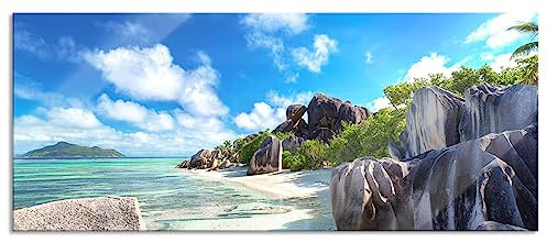 Quadro in vetro panoramico, da parete in vero vetro, spiaggia delle Seychelles, 100 x 40 cm, con sospensione e distanziatore
