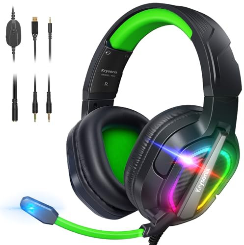 Krysenix PG2 Cuffie Gaming per PS4, PS5, PC, Xbox, Nintendo Switch, Cuffie con Microfono Stereo AI, Cuffie con jack da 3,5 mm e Luce RGB, Nero/Verde