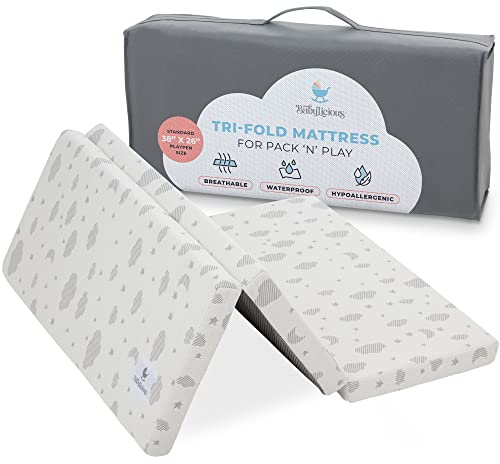 Babylicious Waterproof Pack and Play Mattress Topper | 38 x 26 x 1.5 | Trifold Style - Breathable Soft Plush Foam - Portable Mattress Topper- Baby Foam Mattresses for Babies