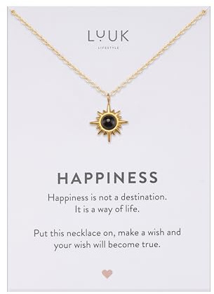 LUUK LIFESTYLE Collier avec étoile polaire I soleil avec pierre noire, accessoire discret et chic, longueur réglable, 50cm, porte-bonheur intemporel, or