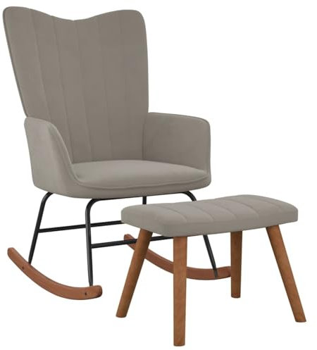 Gecheer Schaukelstuhl mit Hocker Schaukelsessel Schwingsessel Relaxstuhl Relaxsessel Ruhesessel Sessel Wohnzimmerstuhl Polsterstuhl 61 x 78 x 98 cm (B x T x H),Samt,massives Buchenholz, Stahl,Hellgrau