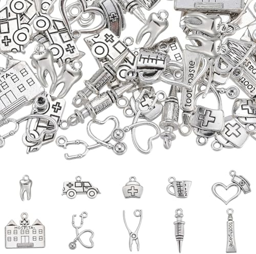 SUNNYCLUE 1 Box 80 Stück 10 Zahnanhänger Stil Silber Anhänger für Krankenschwester Medizinische Lose Tibetische Legierung Hygieniker Gesunde Zähne Zahnarzt Anhänger für die Herstellung von Schmuck