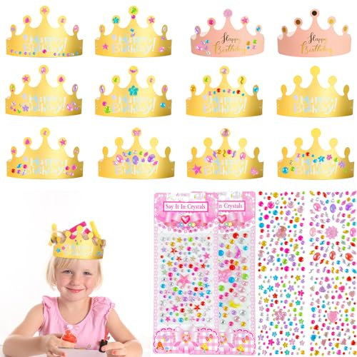 Lithyc 18 pezzi corona compleanno bambini – set fai da te con corone dorate – corone dorate fai da te per il compleanno dei bambini con adesivi con pietre preziose