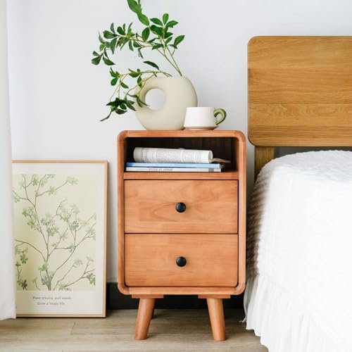 Mesita de noche de madera maciza con cajón, mesita de noche moderna de mediados de siglo para dormitorio, sala de estar, color madera de cerezo
