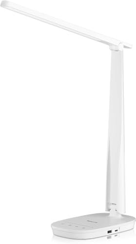 Honeywell LED Desk Lamp Eye Caring - Sunturalux H2 Table Lamp with USB Charging Port, 4 Colour Modes Stepless Dimmable, Auto Timer,Touch Control Foldable Desk Light for Home Office Bedroom White