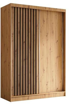 Margaret Hadas24 Kleiderschrank Erika mit Lamellen ohne Spiegel, Organizer, Mehrzweckschrank, Schwebetürenschrank, Garderobenschrank, Kleiderstange, Kleiderständer, Flurschrank, 150 cm, braun, schwarz