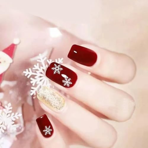 Ztcily Faux Ongles Noël Court Carré Rouge et Or | Design en Forme Flocon de Neige | Faux Ongles Or et Rouge avec Colle | Accessoire ou Idée Cadeau Noël Nouvel An
