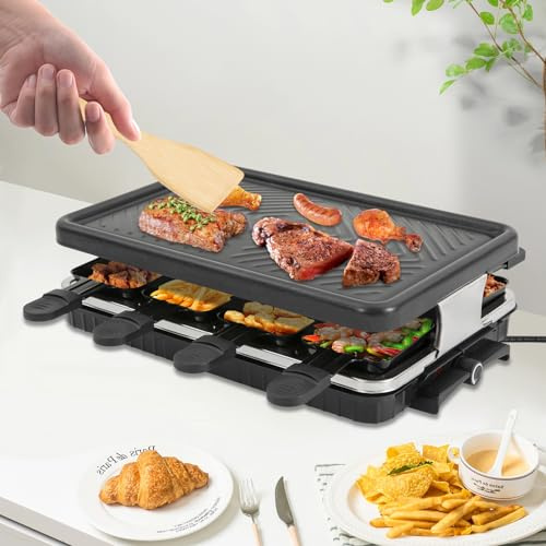 Elektrisch Grill Raclette 2 Personen, 1300W Tragbarer Elektrogrill Tischgrill mit Abnehmbare Grillplatte & 8 Kleine Pfännchen, für draußen/drinnen Grillen & Überbacken, bis 230°