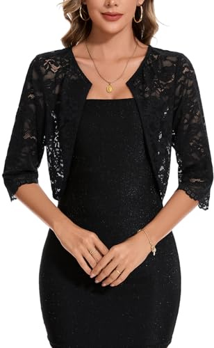 MINTLIMIT Spetsbolero kofta dam 3/4 ärm kofta kort boleroklocka krok stängning topp lätt elegant, B-Svart, M