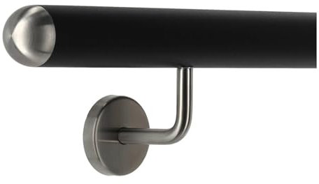 TIBU Pasamanos de aluminio negro 30-600 cm para escaleras soporte de acero inoxidable en ángulo, longitud 140 cm con 2 soportes y tapa semicircular