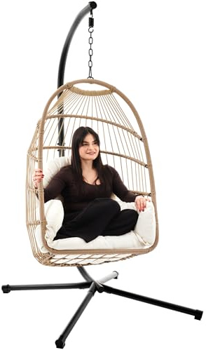 di volio Hängesessel mit Gestell Öko-Rattan klappbar Outdoor faltbar Beluno | 16 cm Sitzkissen, verzinkter Stahlrahmen, Olefin-Seil, bis 150 kg belastbar, abnehmbarer Bezug, platzsparend