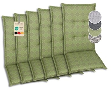GO-DE Textil Bequeme und attraktive Polsterauflagen für Mittellehner-Gartenstühle (6er-Set, Rautenlinien grün, Mittellehner)