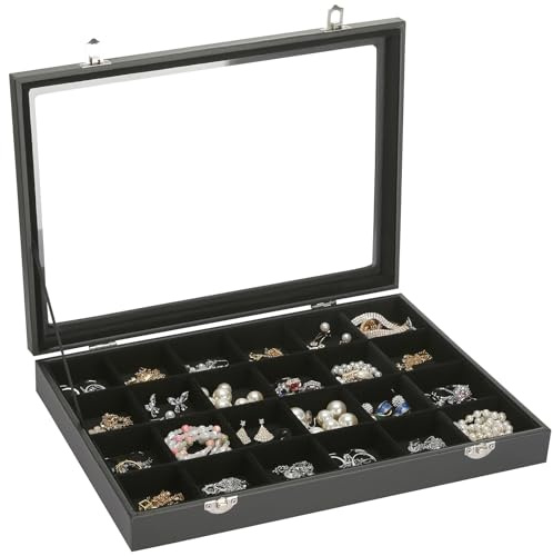 KUKUVR Velvet Jewelry Earring Organizer Tray Box, 24 Grids Ring Bracelet Necklace Brooches Pendants Bead storage Holder Case With Clear Lid for Women Gril for Home Shop Display (Black)