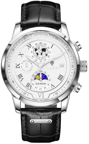 LIGE Reloj para Hombre CronóGrafo Cuarzo con Fecha DiseñO Fases De La Luna Correa De Marrón Cuero Reloj Diari Resistente Al Agua - Relojes Elegantes para Los Negocios Y La Vida Diaria,Oro Blanco
