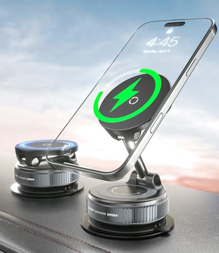 CloudValley Cargador Inalámbrico Coche 15W, Soporte Teléfono Móvil Magnético con Ventosa Súper Fuerte, Base Plegable 360° para Salpicadero, Compatible con Magsafe iPhone 16 15 14 13 12 Pro MAX