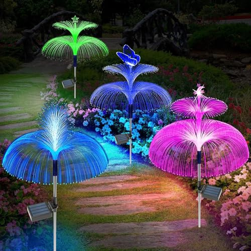 4Pack Garden Solar Lights Outdoor Waterproof Stake, 2026 Garden Ornaments Jellyfish LED 7 Colour Changing Multi-Coloured Light for Outside Yard, Pathway, Lawn Party Decor (4Pcs Multiple Jellyfish)
