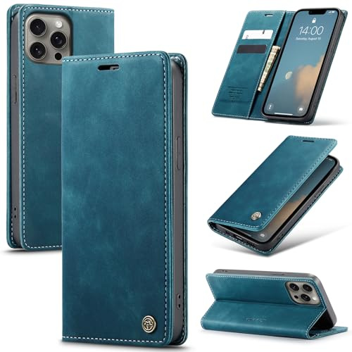 Azororo Cover per iPhone 15 Pro 5G, Premium PU Pelle Custodia, Magnetica Carta Fessura Portafoglio Case, Flip Cavalletto Custodia per iPhone 15 Pro - Blu verde