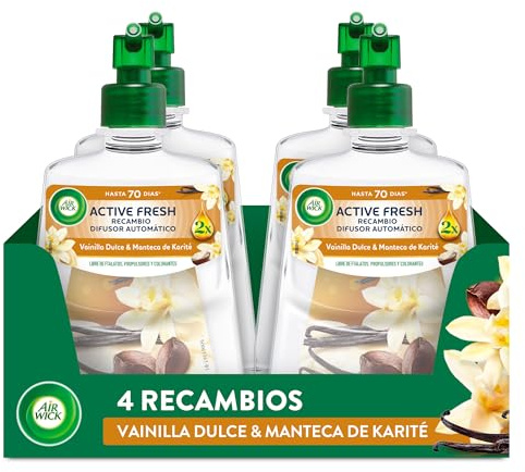 Air Wick Active Fresh Spray Automatico Sin Aerosol - Ambientador para casa con aroma a Vainilla - Pack de 4 Recambios (228mlx4)