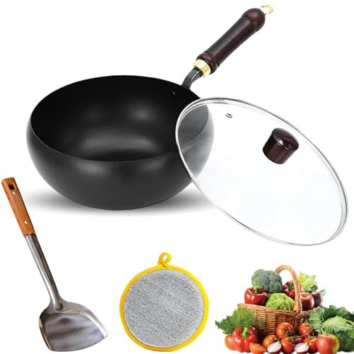 Knubbuf Mexicoify Uncoated Thick Iron Pot, Suntuup Japanese Iron Pan, 10in Multifunctional Non-Stick Pan with Lid & Spatula, Dishwasher Safe, Oven Safe (Transparenter Deckel, 20cm)