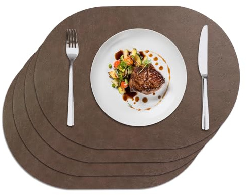 Privalace 4er Set Oval Platzsets Doppelseitigen Lederoptik Dunkelbraun | Platzdeckchen Wasserdicht Rutschfest Tischsets Abwaschbar Abriebfeste Hitzebeständig für Küche Fest Hotel