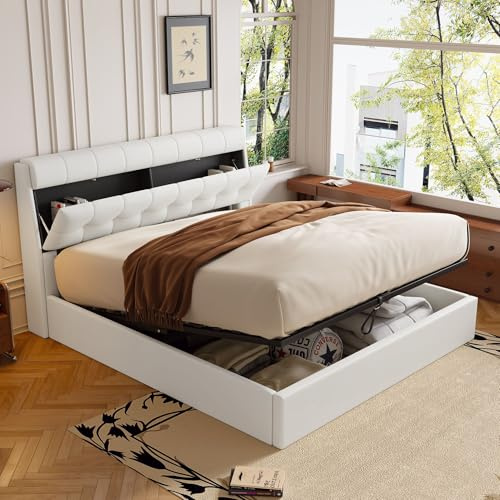 Merax Polsterbett 140x200 cm, Jugendbett Doppelbett, Hydraulisch Stauraumbett mit verdeckte Kopfteilablage, Funktionsbett Bettgestell mit Stauraum und Lattenrost, PU, ohne Matratze, Weiß