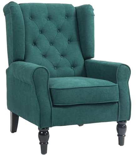 HOMCOM Poltrona per Salotto in Stile Francese con Ampia Seduta, Poltroncina in Tessuto con Gambe in Legno e Cuscini, 74x86x102 cm, Verde Scuro