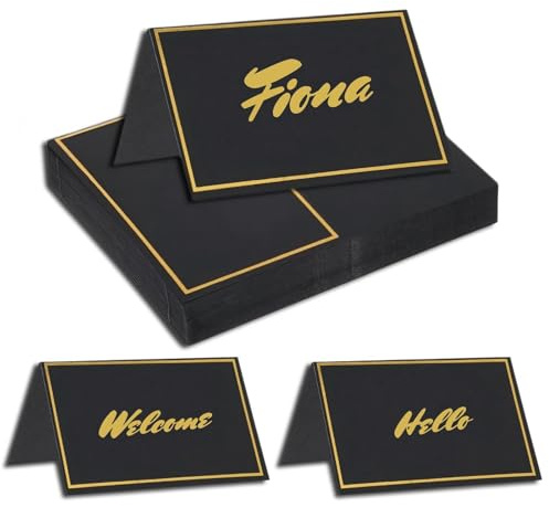 50Pcs Place Cards for Table Setting - Blank Table Place Cards with Gold Foil Border, Table Seating Name Cards for Weddings, Banquets Dinner Parties (Folfding Size 2x3.5 inches) (Black)