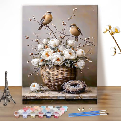 MEIYUDA Peinture par Numero Adulte Oiseaux, DIY Peinture Acrylique pour Adultes Débutants, Facile sur Toile Avec Peintures et Pinceaux 40x50cm(sans Cadre)