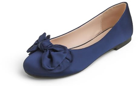 Feversole Women's Round Toe Soft Cute Dress Ballet Flats Dolly Shoes Navy Silk Satin 6 UK