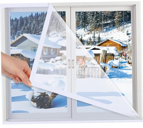 Fenster-Isolierfolie, 63 x 63 cm, verdickte, transparente Thermo-Fensterfolie mit Befestigungsband, schneidbare Wärmedämmung für den Winter..