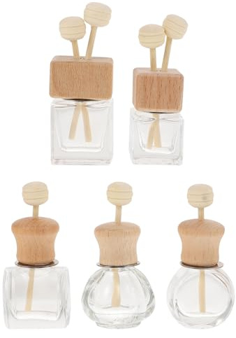 GOOHOCHY Botellas de Perfume para Coche Ventilación de Aire y Tapa de Madera, Difusores de Aromaterapia de Vidrio, Pack de 5 para Ambientar el Automóvil