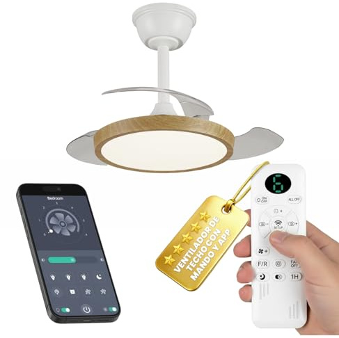 LUMIKING Ventilador de Techo con Luz LED Regulable y App | Motor DC Silencioso | 6 Velocidades | Tonalidad Ajustable 3000K–6500K | Mando a Distancia | Blanco o Madera | 3 Tamaños (Madera, 68 CM)