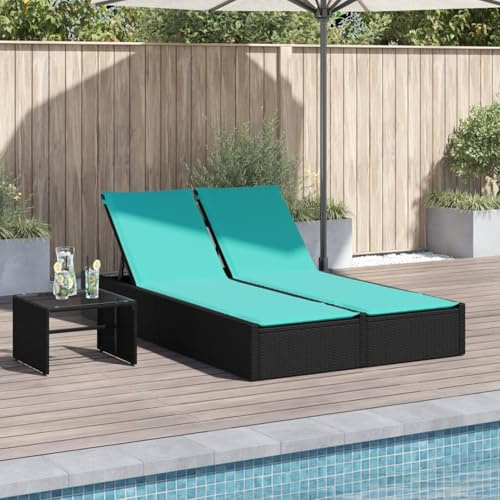 WGYHOME Dubbel solstol, svart PE-rotting 200 x 123 cm med justerbart ryggstöd och tvättbar turkoskudde – för trädgård, terrass, pool och balkong