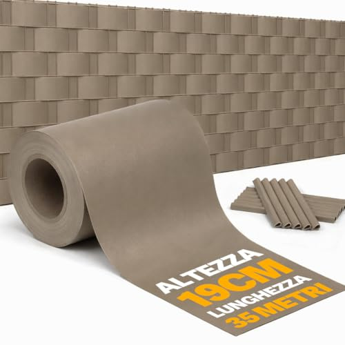 BAKAJI Frangivista Recinzione in PVC 19 cm x 35 Metri, Telo Oscurante per Balcone 450 gr/mq, Strisce Protezione Privacy per Giardino con Clip di Fissaggio, Uv, Impermeabile e Atistrappo (Tortora)