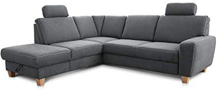 Cavadore Ecksofa Wisconsin mit Federkern / Sofagarnitur mit 2 Kopfstützen / Landhausstil / Holzfüße in Buche / Mikrofaser / Größe: 248 x 88 x 215 cm (BxHxT) / Farbe: Grau