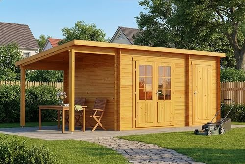 Alpholz Gartenhaus Maria 598x272cm mit Anbau & Schleppd. Imprägn.Pinie 28mm | aus Holz (Nordische Fichte), Blockbohlenbauweise, Pultdach