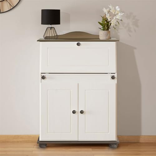 IDIMEX Bureau secrétaire David avec abattant Rangement Plusieurs étagères 2 Portes et Plan de Travail Rabattable, en pin Massif lasuré Taupe et Blanc