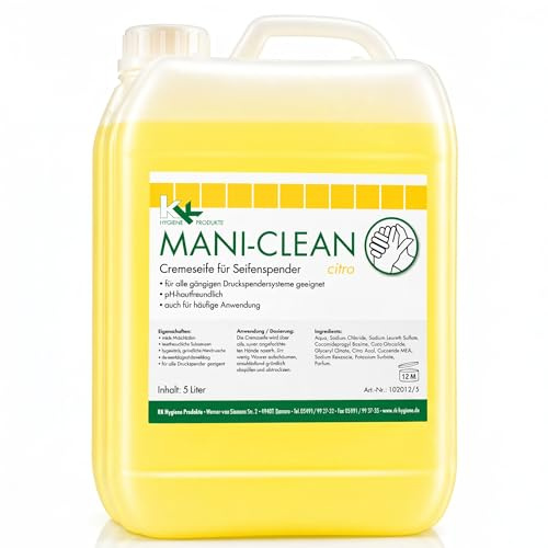 Flüssigseife 5L Kanister – pH-neutral & rückfettend – milde Handseife mit frischem Zitronenduft – für Spender – ideal für Gastronomie, Büro & Haushalt – KK Mani-Clean Citro