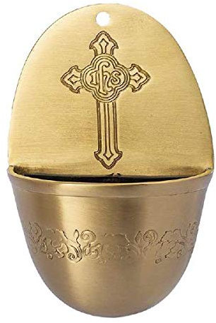 Wand-Weihwasserkessel mit Kreuz aus gebürstetem Messing in Gold mit Einlagebecken aus Kuststoff (8 x 12 cm)