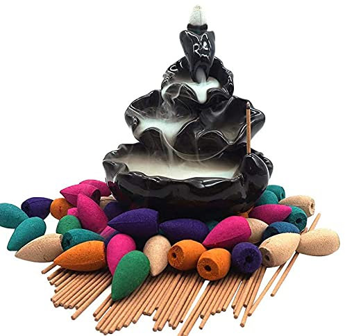 Moylor Ceramic Waterfall Incense Burner Set with 40 pcs Cones and 50 pcs Sticks Incense Handcraft Lotus Pond Censer for Home Aromatherapy