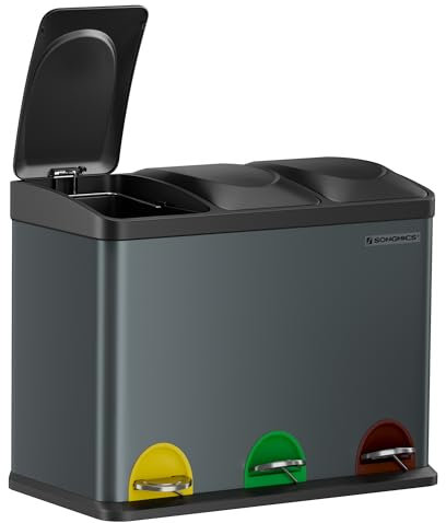 SONGMICS Cestino da Cucina, Pattumiera per Riciclaggio, Pattumiera Tripla a Pedale, in Metallo da 45 Litri, per Raccolta Differenziata, 3 x 15L, con Coperchio, Acciaio, Grigio Verdastro LTB45G