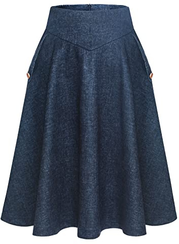 Bbonlinedress Jupe Femme Mi Longue Hiver Grande Taille de Noël Casual Jupe Chic et Elégant en Tartan Style Vintage A-Ligne Taille Haute au Moellet avec Poches Bleu Marine 2XL