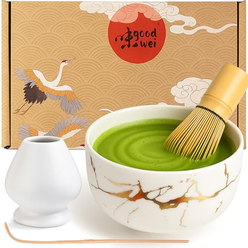 Goodwei Matcha Set komplett mit Matchabesen, Matcha Löffel und Matcha Schale aus Keramik passendem Besenhalter | Moderne Teeschale Chawan mit goldener Marmorierung (Weiß, 120er Besen)