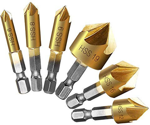 Beenle-Icey 6 Stück Kegelsenker Set Sechskant Senker Bohrer 90° Winkel Fase für Metall Holz mit Senkbohrer Titan-Beschichtungen 6/8/9/12/16/19mm
