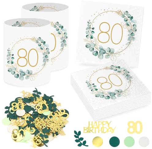Sprinlot 20 Stück 80. Geburtstag Deko Servietten + 12 Stück Windlicht Tischdeko 80 Geburtstag + Eukalyptus Konfetti Tischdeko Grün Deko 80 Geburtstag Frau, Geschenke zum 80 Geburtstag Frau Mann