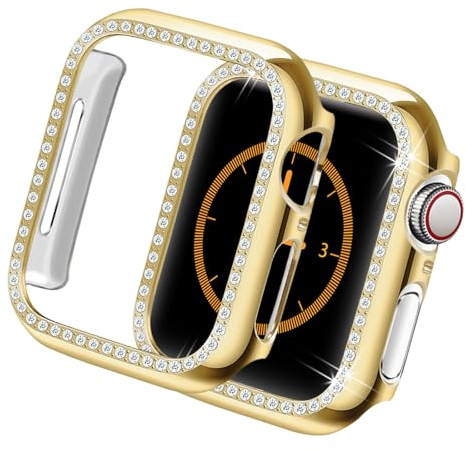 Yolovie Kompatibel für Apple Watch Hülle 45mm Series 8 7, Harter PC Bling Gehäuse mit glitzernden Strass-Steinen in Diamant Gestell Schutzhülle Stoßstange Frauen für iWatch (Gold)