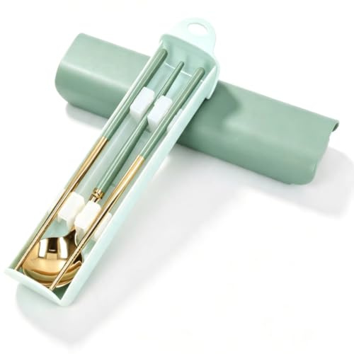 Juego de palillos y cucharas coreanas, juego de cubiertos de palillos portátiles con caja de almacenamiento, juego de cucharas y palillos de acero inoxidable reutilizables(Verde)