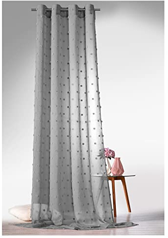 heimtexland ® Boho Vorhang Leinen Optik Transparent Deko Pompoms Ösenschal Gardine Typ764 (Grau, HxB 245 x 135 cm)
